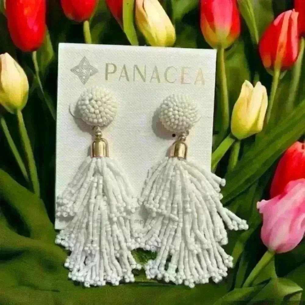 New Panacea Anthropologie Beaded White Tassel Earrings - Picture 6 of 6